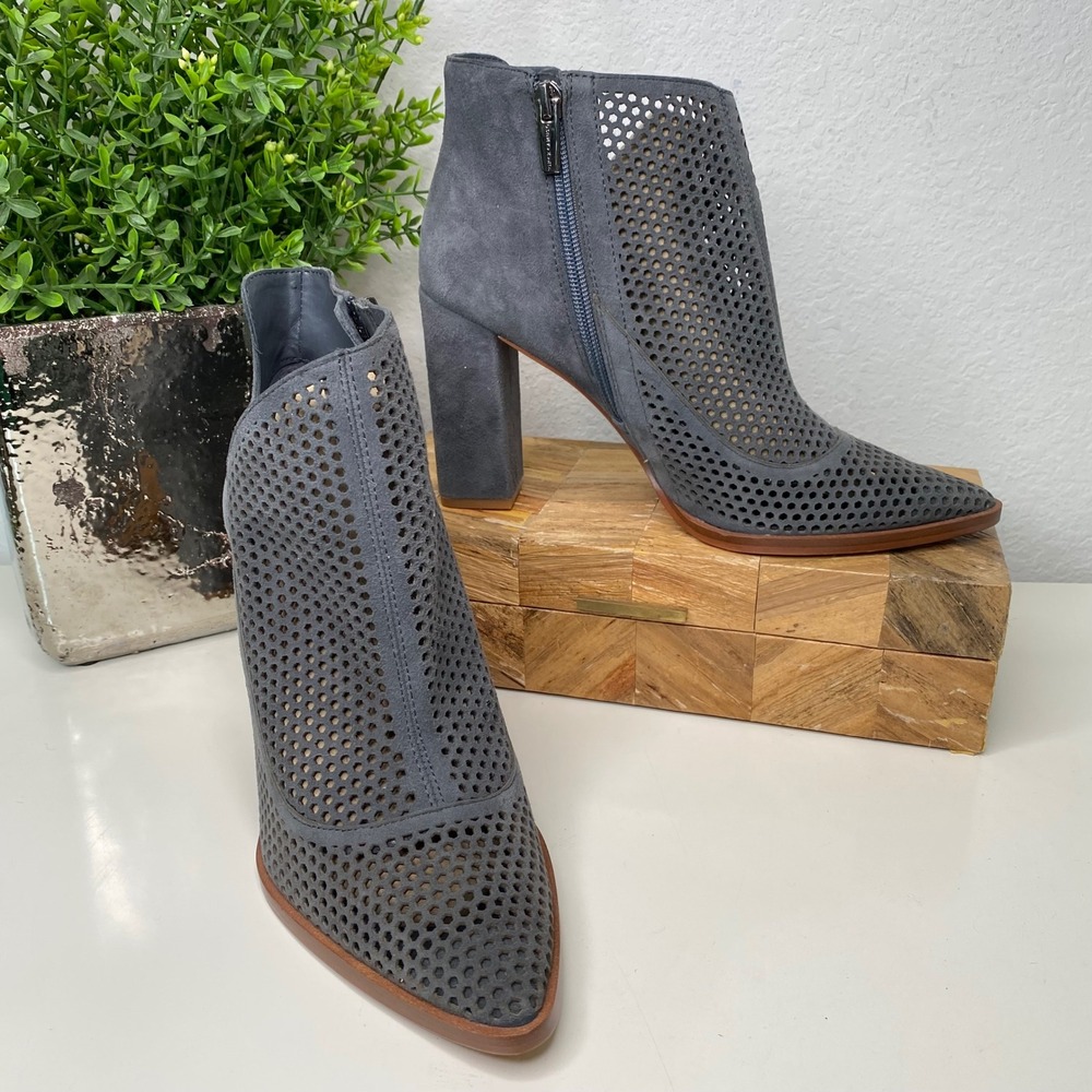 Vince Camuto Levesna Suede Perforated Block Heel Ankle Boots Gray‎ Size 8.5